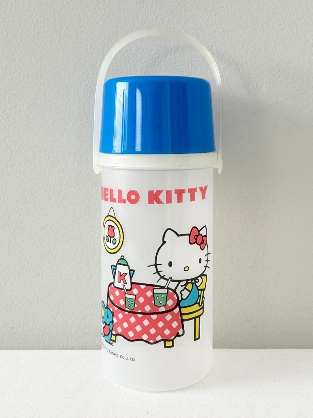 Vintage 1976 Sanrio HELLO KITTY Water Bottle & Strap Blue Lid Plastic Japan RARE